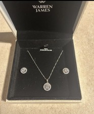Warren James Sterling Silver Halo Necklace Pendant & Earrings Set Brand New