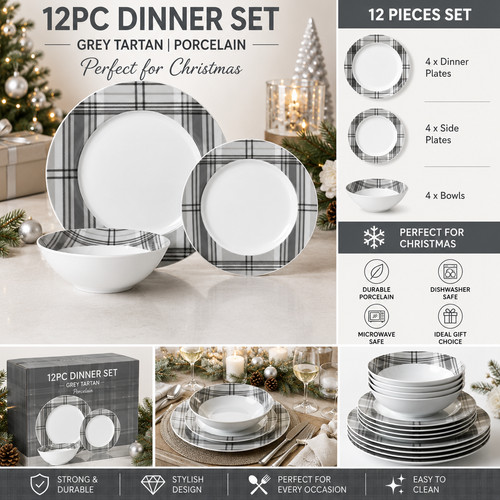 12pc grey tartan - tartan, porcelain