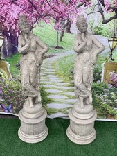 STONE GARDEN LARGE PAIR OF GREEK LADY STATUES ON MATCHING PLINTH ORNAMENTS