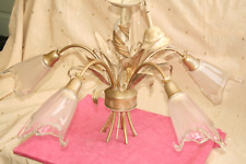 VINTAGE 1980S CEILING CHANDELIER LIGHT, CREAMY GOLD METAL, 5 MURANO GLASS SHADES
