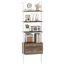 COSTWAY 6-Tier Ladder Bookcase 184cm Tall Wall-Mounted Bookshelf w/Drawers-Grey