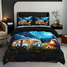 Camper Van Bonfire Starry Sky Duvet Quilt Cover Pillowcase Double Bedding Set