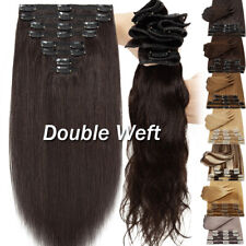 THICK DOUBLE WEFT Remy Human Hair Extensions Clip In Full Head Black 8-24Inch UK