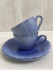2 sets x VINTAGE ASHTEAD POTTERS POTTERY BLUE SCALLOPED CUPS & SAUCERS VGC