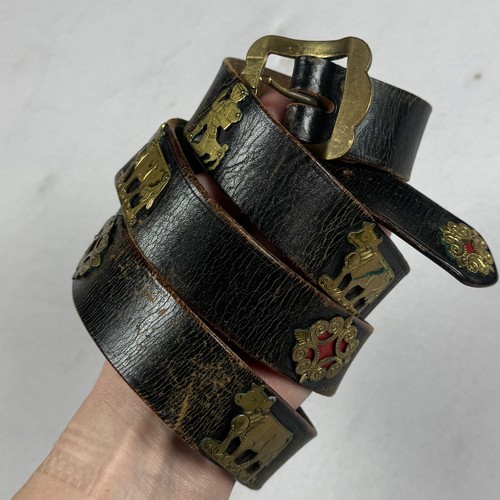 Vintage leather belt - leather, brass