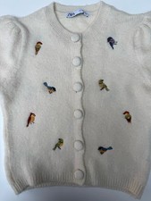 ZARA CREAM SHORT SLEEVE CARDIGAN WITH BIRD DESIGN    SMALL