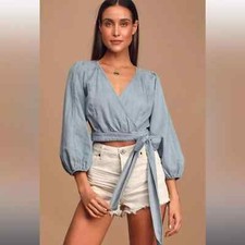 Ladies Wrap Shirt Surplice V Neck Denim Top Balloon Sleeves Cropped UK 10 EU 36