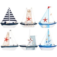 6 Pcs Mediterranean Style Small Wooden Sailing Boat Nautical Ship Ornament