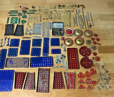 Vintage Meccano Parts Lot. Blue Red Brass Plates Wheels Gears Bolts 1930-50s