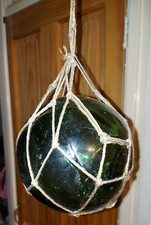 Vintage blown Glass Fishing Float Buoy Ball with Net - 5" diameter - Green