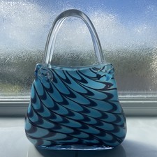 Vintage  Murano Glass Bag Vase Swirl 80s 90s Venice Italy Blue Turquoise purse