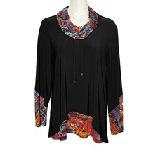 Ali Miles Slinky Black Tunic Top Size Large Colorful Trim Cowl Neck Lagenlook