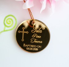 CHRISTENING BAPTISM MIRROR GOLD ACRYLIC ROUND TAGS BOMBONIERE FAVOURS ENGRAVED
