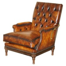 RESTORED CHESTERFIELD TUFTED HAND DYED BROWN LEATHER LIBRARY RECLINER ARMCHAIR
