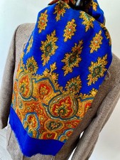 VTG mens 70's BLUE MULTI COLOUR ORNATE PSYCHEDELIC WOOL DOUBLE PLY LONG SCARF