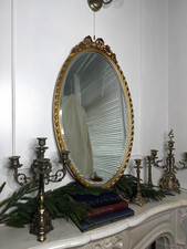 Vintage Oval Gilt Ribbon-Top Bevelled Mirror – Heavy Original Framed Wall Mirror