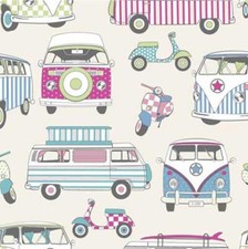 Cotton Fabric - Happy Campers Candy Pink Camper Vans Scooters Fabric Material