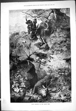 Original Old Antique Print 1877 Deer Shooting Hunting en Times Man Cross Bow