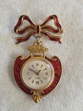 Vintage Mortima French Gold Plated & Enamelled Brooch Fob Watch 17 Jewel Working