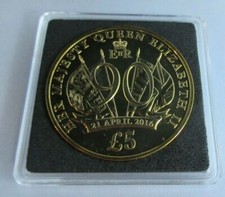 UK 2016 JERSEY QUEENS 90TH BIRTHDAY GOLD PLATED £5 FIVE POUND COIN BOX/COA