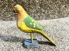VINTAGE WOODEN BIRD ORNAMENT HAND PAINTED YELLOW AND GREEN TREEN BUDGIE