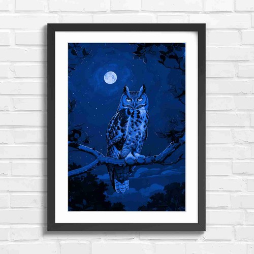 Owl moon night - owl, blue