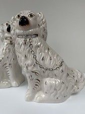 Antique Tall Staffordshire Flat Back Spaniel Wally Dogs White Gold 19th Century