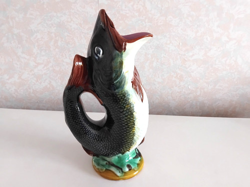 Large majolica fish glug - large, jug