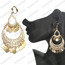 CLIP ON BIG 3.75"long CHANDELIER gypsy discs EARRINGS GOLD FASHION boho clips