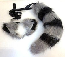 BNWOT Fluffy Grey/Black Stripe Fox Tail & Ears Set Cosplay Dress Up CG W34
