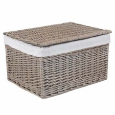 Wicker Storage Trunk Hamper Basket Antique Wash Rectangular Woven Lined With Lid