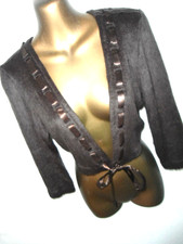 Joseph Ribkoff Brown bolero 12 fluffy threaded ribbon tie front 3/4 sleeve (9054