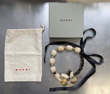 Marni Women’s Necklace Mixed Materials Beige Floral With Black Ribbon Tie