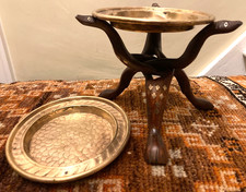 ANTIQUE INDIAN BRASS AND WOOD FOLDING SIDE TABLE