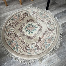 Oriental Vintage Rug Short Pile Carpet Living Room Cream Round