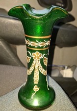 Stylish Vintage Venetian Green & Aventurine Glass Vase With Enamel Decoration