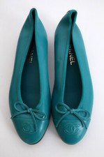 Chanel Cruise 2018 Teal Green Leather CC Toe Ballet Flats 38 New w/Dustbag