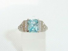 Ladies Art Deco Style 925 Sterling Solid Silver Aquamarine & White Sapphire Ring