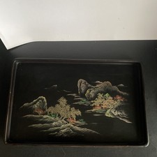 Vintage Japanese Chinese Lacquered Serving Tray Hand Painted Mountains Trees