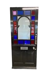 LARGE EDWARDIAN FRONT DOOR PERIOD ETCHED GLASS OLD RECLAIMED ANTIQUE HARDWOOD