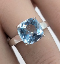 925 Sterling Silver Large Cushion Cut Natural Blue Topaz Solitaire Ring 