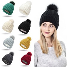 Women Knit Winter Hat Pompom Baggy Beanie Hats Silk Satin Lined Ski Cap