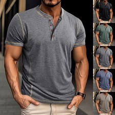 Mens Henley T-shirt Short Sleeve Plain Grandad Neck Tops Casual Summer Tee Shirt