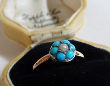 ANTIQUE VICTORIAN TURQUOISE & PEARL CLUSTER RING in 9ct ROSE GOLD Forget me not