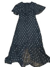 Lipsy Women’s Black Silver V-Neck Short Sleeve Ruffle Dip Hem Midi Dress UK8 A8