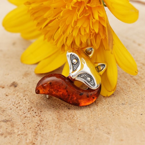 Baltic amber fox brooch 925 - brooch,