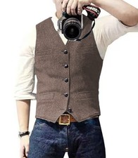 New Mens Vest Herringbone Tweed Waistcoat Vintage Formal Notch Lapel Retro Vest