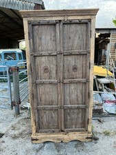 Indian Antique wooden rustic finish wardrobe almirah with Glass panel