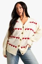 Boohoo Plus Size Cream & Red Heart Print Cardigan Size 26