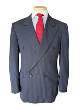 Men’s Vintage Double Breasted Chalk Stripe Blazer 40-42R Navy Blue Wool Blend